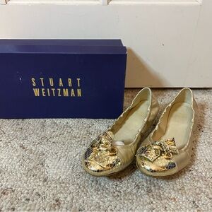 Stuart Weitzman Metallic Gold Bow Ballet Flats